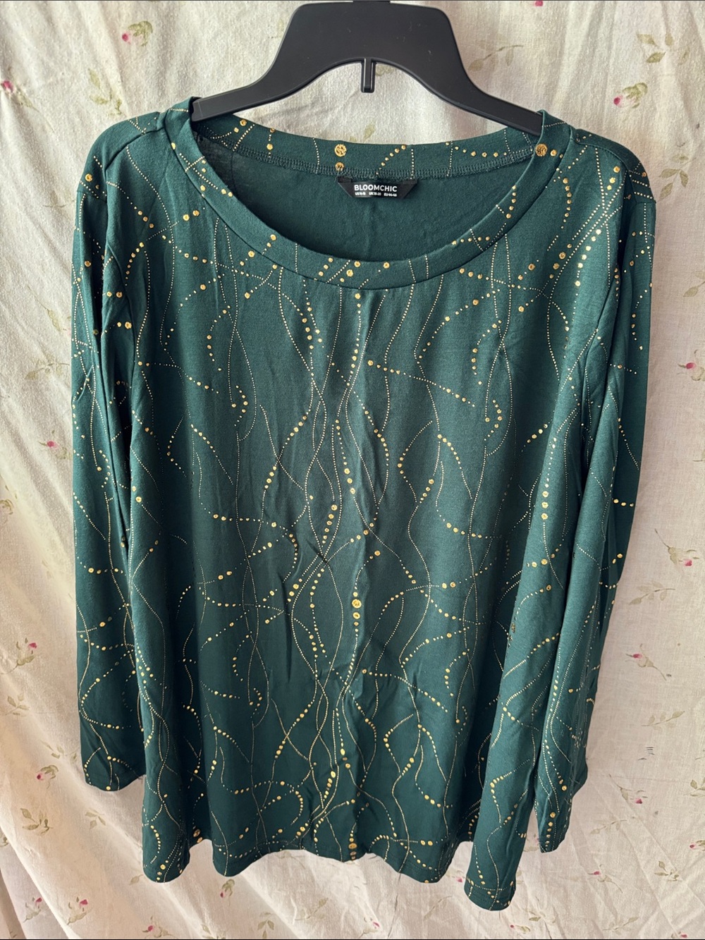 BloomChic Forest Green Long Sleeve Top with Gold Dot Detail